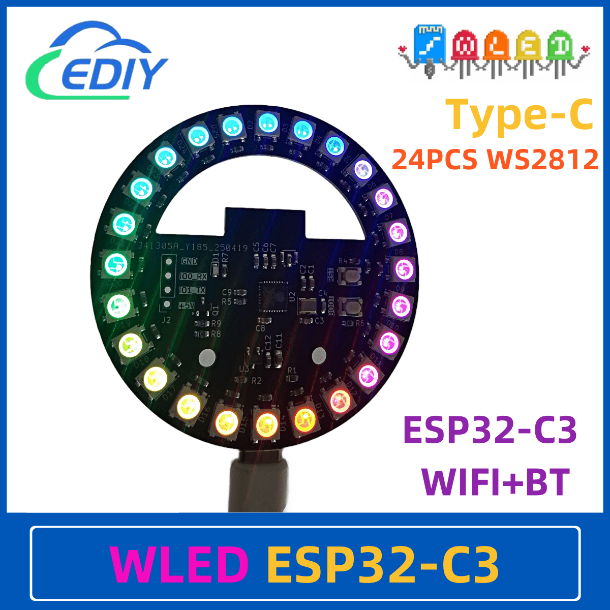 Ws2812B - WLED ESP32-C3 ontwikkelingsbord Circulair kleurrijk licht
